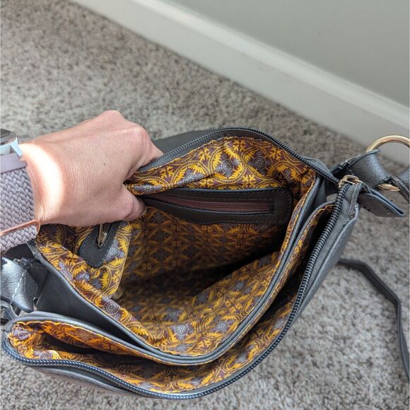 ALYSSA Flapover Crossbody Bag | Charcoal Gray | Faux Leather | Gold Hardware - Picture 4 of 6